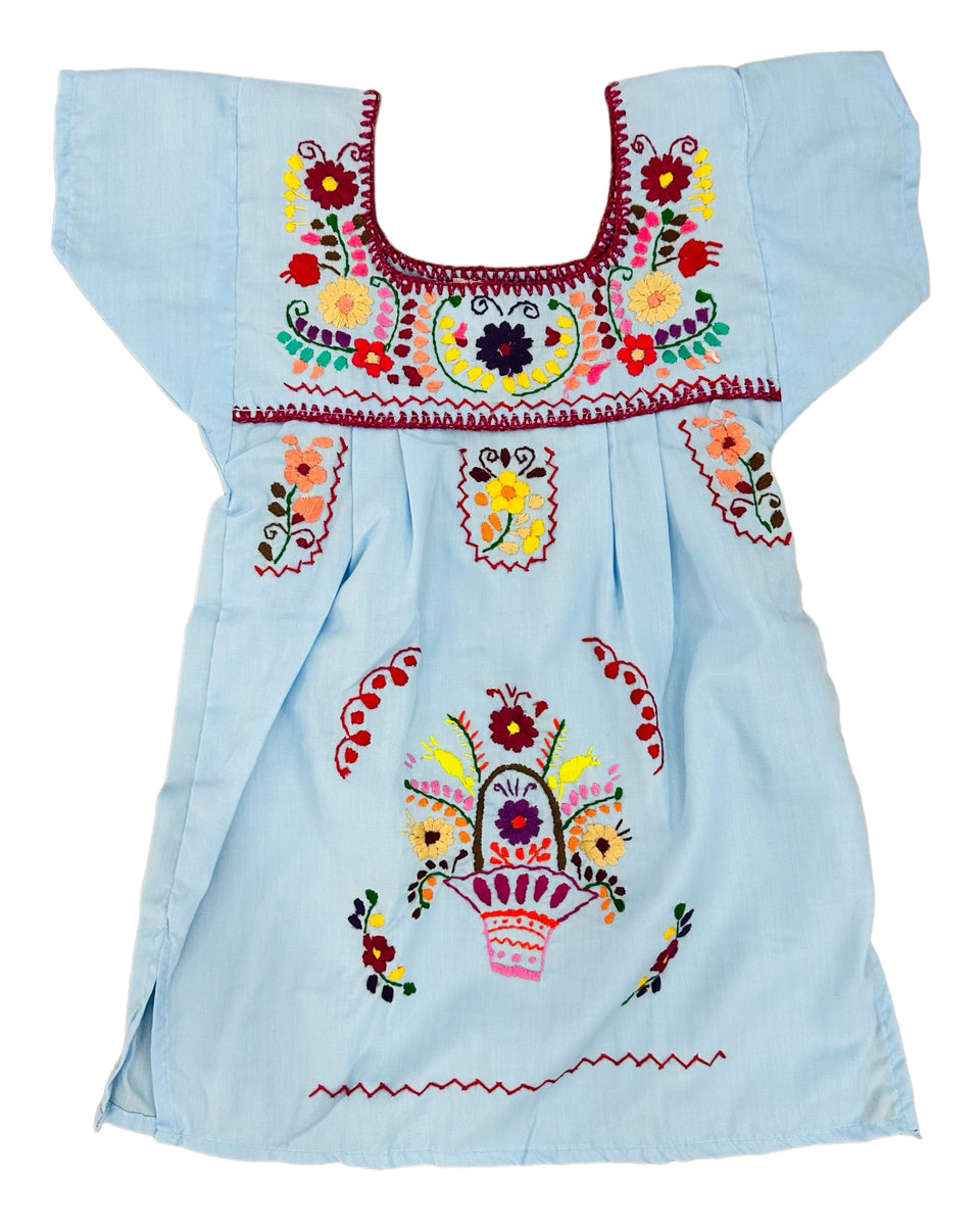 Mexican Puebla Dress for Girls Light Blue