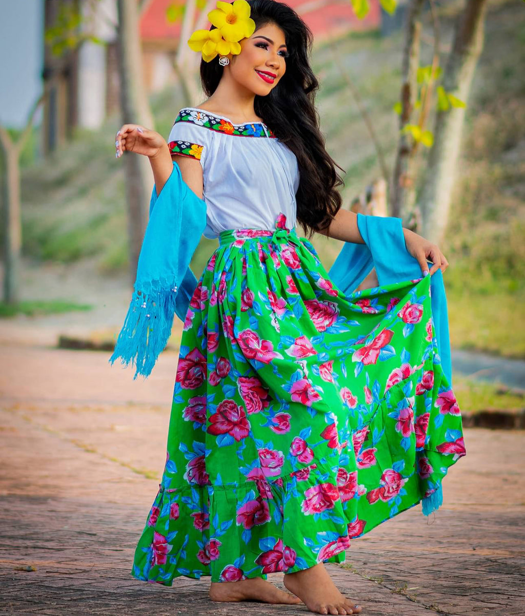 Mexican Folklorico Green Floral Skirt – Cielito Lindo