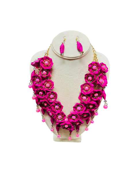 Floral Palm Leaf Hot Pink Necklace & Earrings