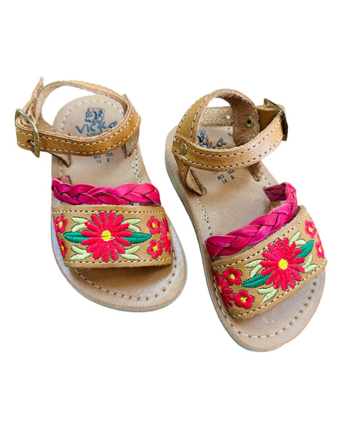 Mexican Girl Pink Flower Leather Sandals