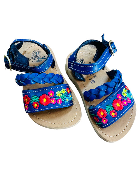 Mexican Girl Royal Blue Flower Leather Sandals
