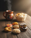 Assorted pastries on a wooden table with a steaming mug in the background
