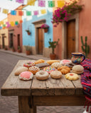 Assorted pastries on a wooden table with colorful flags and flowers in the background