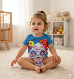 Child wearing a colorful onesie with a sugar skull design in a nursery.