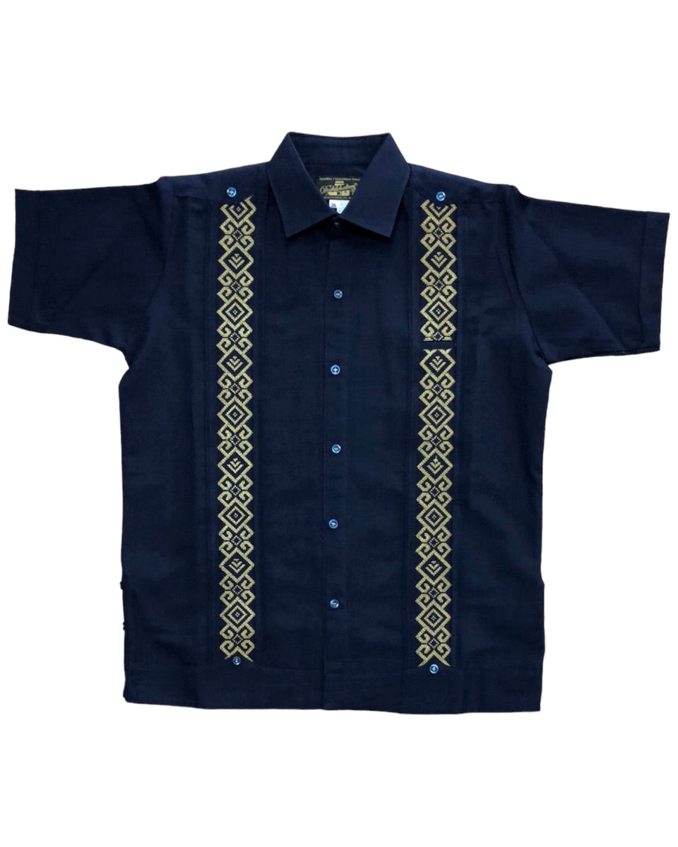 Men's Guayabera Shirt - Short Sleeve Casual Snap Button Shirt (Navy, Large, Cotton-Polyester Blend) - View #10