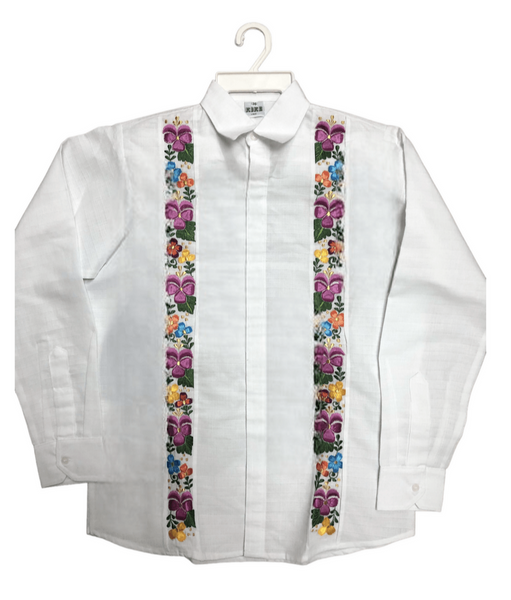 Men’s White Linen Long Sleeve Guayabera with Floral Embroidery