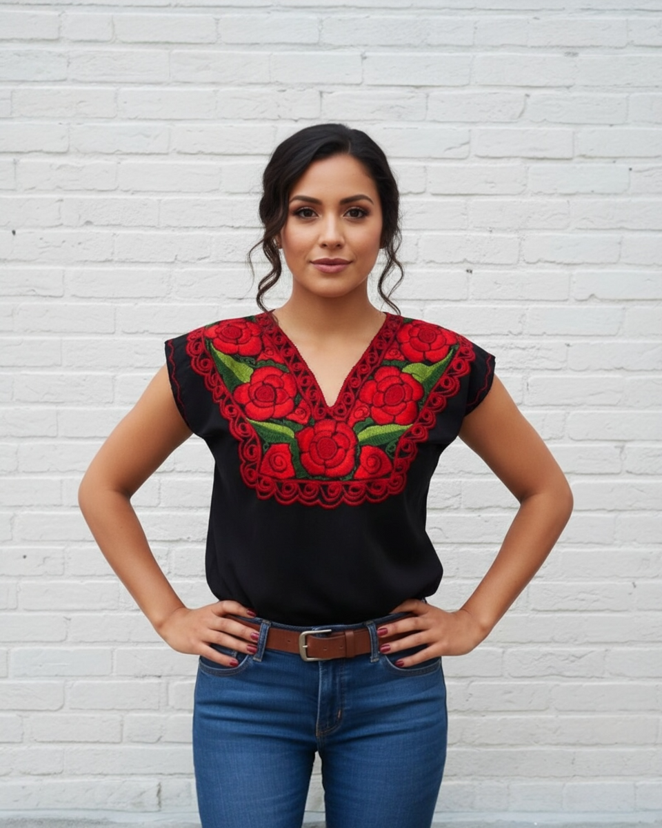 Zina Black Top with Red Embroidery – Cielito Lindo Zina Black Top with Red Embroidery – Cielito Lindo