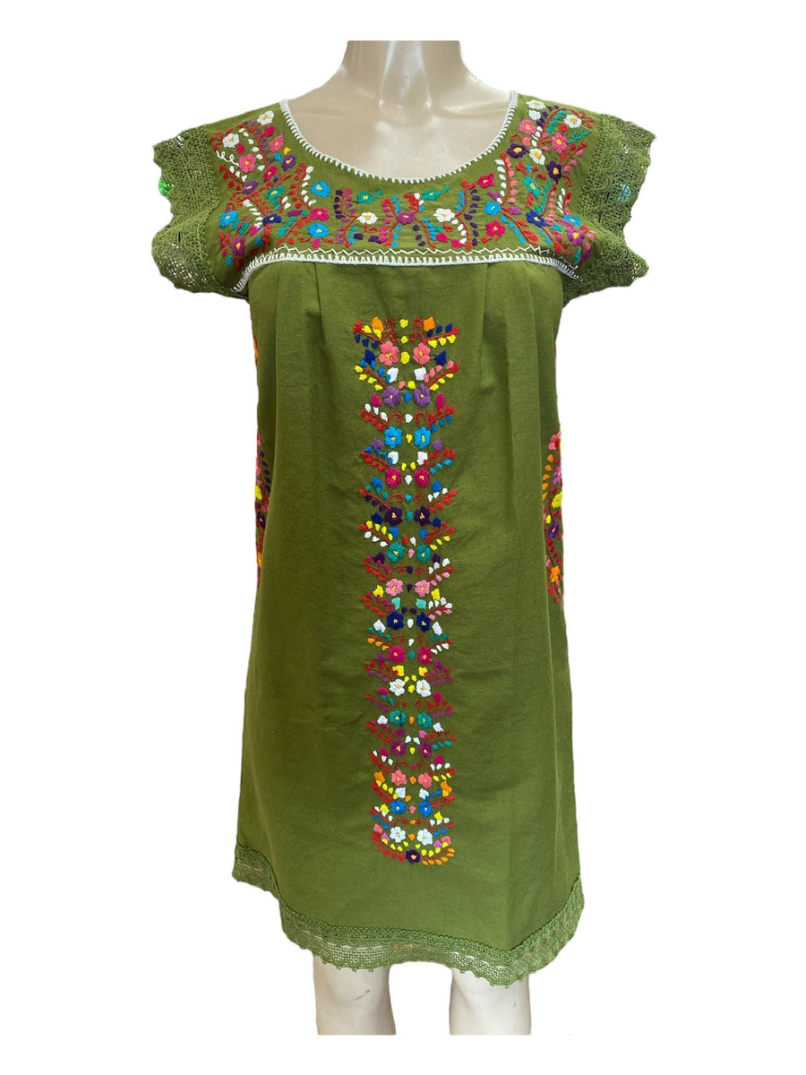 Mexican Tehuacan Dress With Lace Olive Green – Cielito Lindo