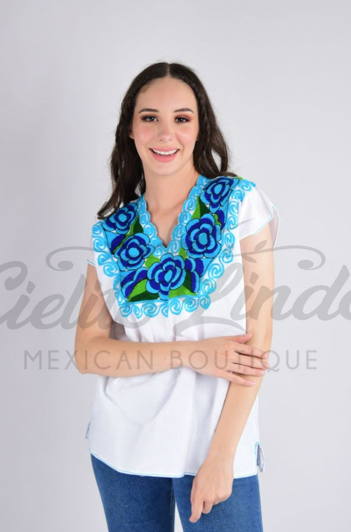 Zina White Top with Blue Embroidery