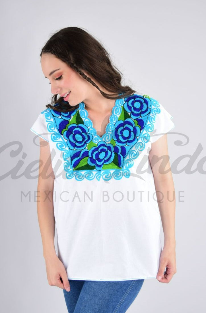 Zina White Top with Blue Embroidery