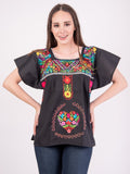 Mexican Tehuacan Full Embroidered Blouse Black - Cielito Lindo