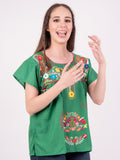 Mexican Tehuacan Full Embroidered Blouse Green - Cielito Lindo