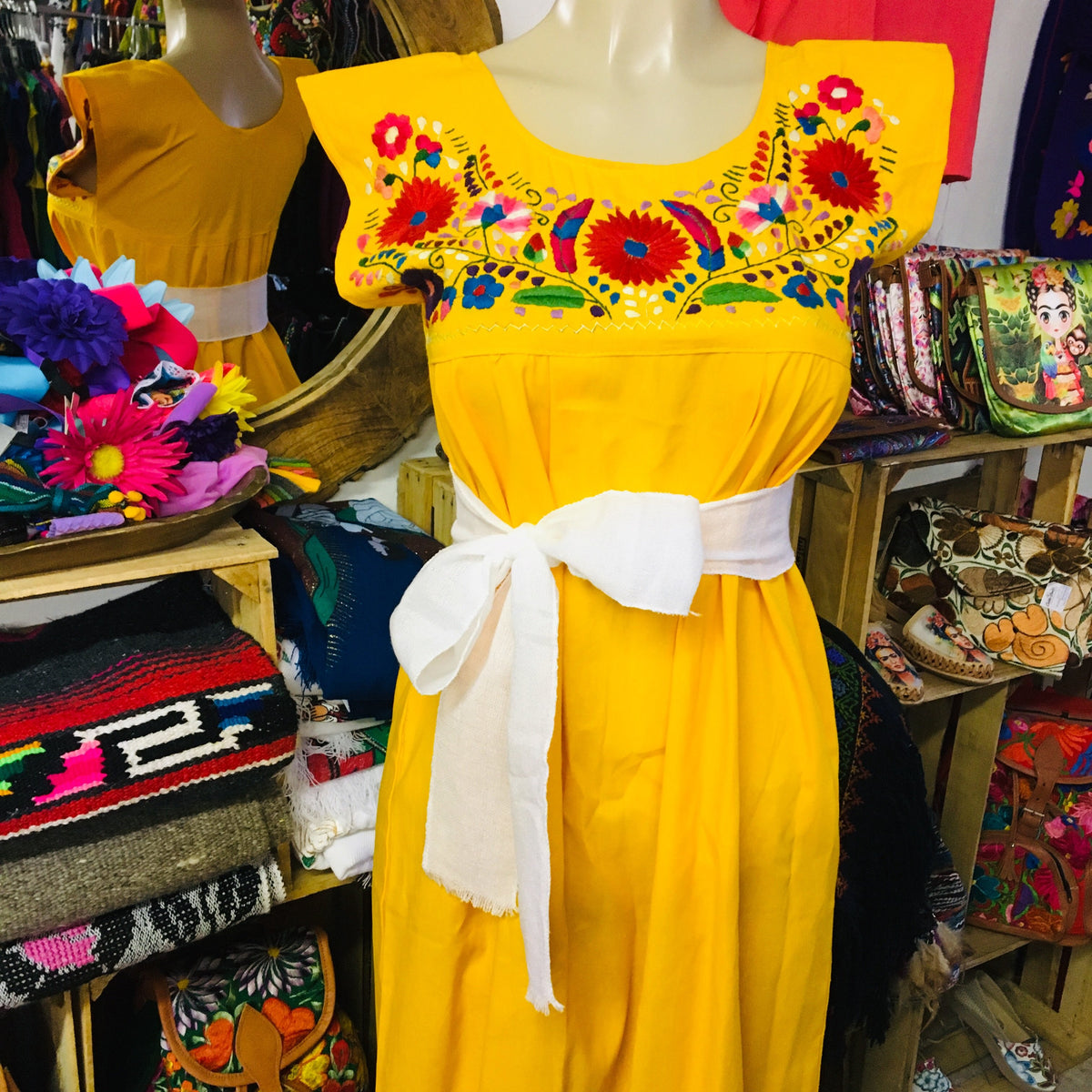 Puebla Mexican Dress w Belt Bata con Faja Vestido Flowers Yellow M