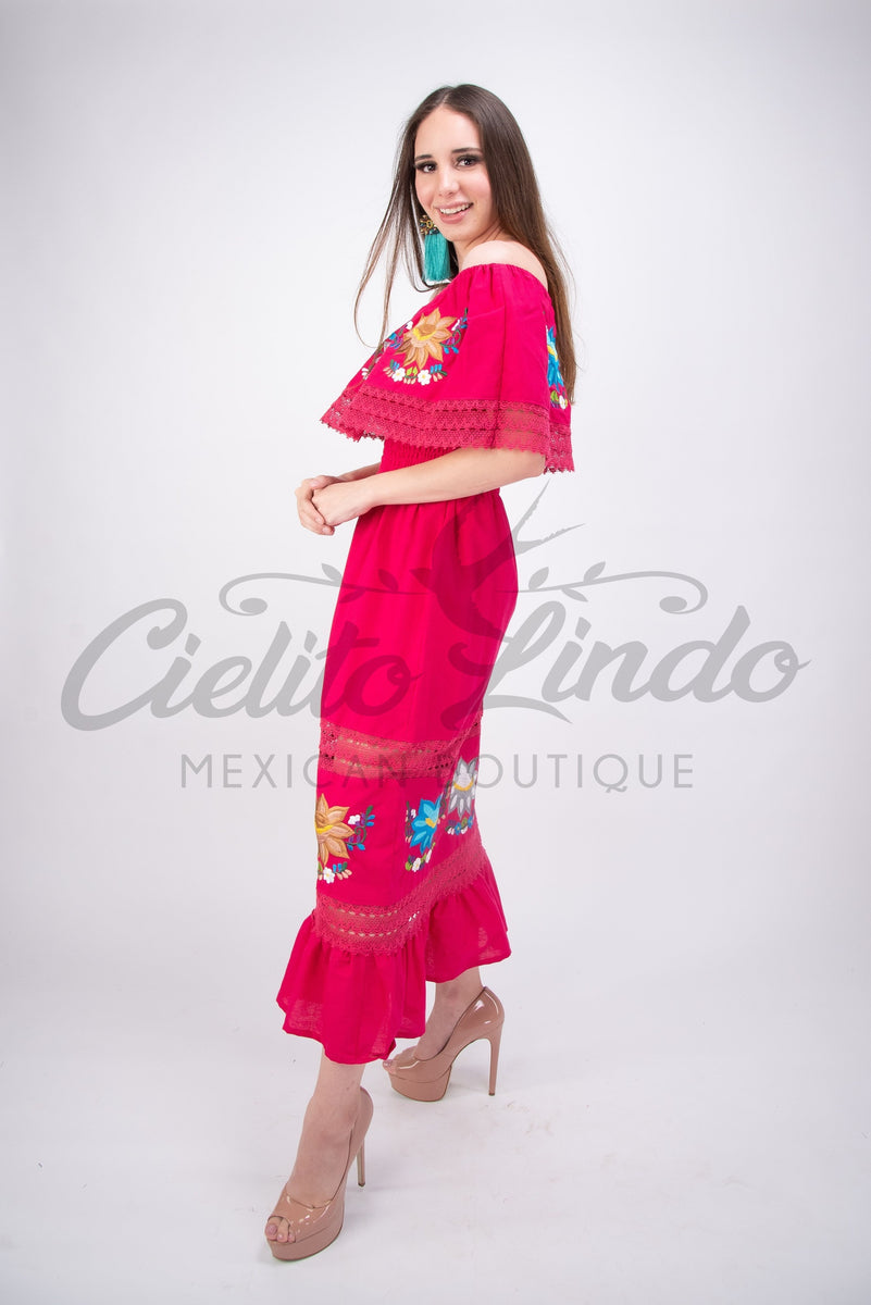 Mexican Luxury Fino Campesino Maxi Dress Hot Pink Cielito Lindo Mexican Luxury Fino Campesino Maxi Dress Hot Pink Cielito Lindo