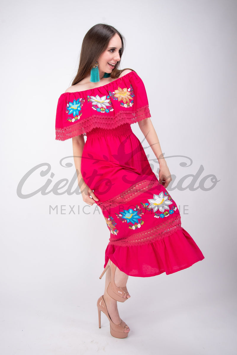 Mexican Luxury Fino Campesino Maxi Dress Hot Pink – Cielito Lindo