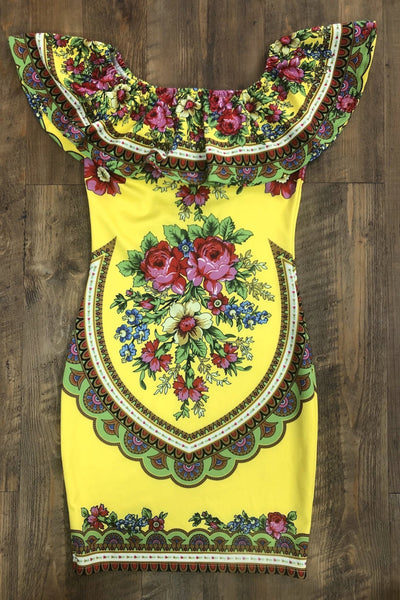 Mexican Patria Printed Dress Yellow - Cielito Lindo