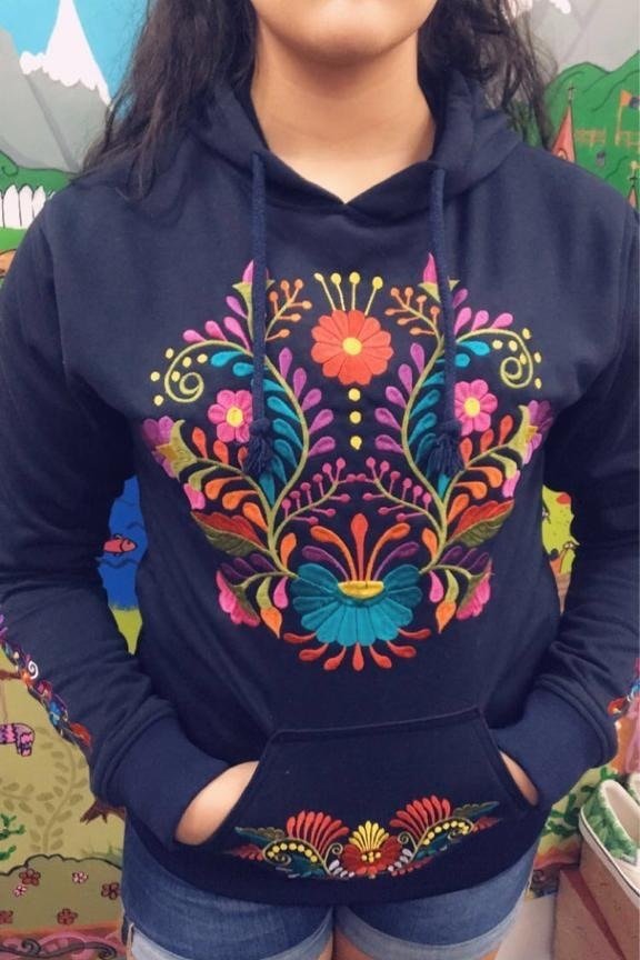 Mexican Floral Embroidered Hoodie Black – Cielito Lindo