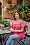 San Antonino Mexican Gala Blouse with Silk Embroidery Hot Pink