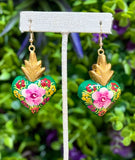 Hand Painted Wooden Sacred Heart Earrings - Cielito Lindo