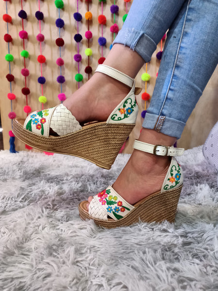 Selene Leather Floral Embroidered Heels White