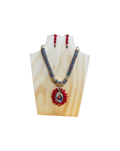 Sacred Heart of Jesus Beaded Necklace & Earrings
