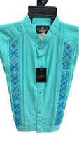 Aqua Linen Guayabera with Multicolor Embroidery Short Sleeve
