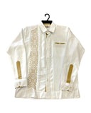 White Linen Guayabera with Cream Embroidery Long Sleeve
