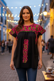 San Antonino Mexican Gala Blouse with Silk Embroidery Black