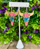Hand Painted Wooden Longhorn Earrings - Cielito Lindo