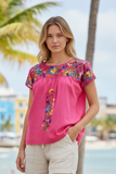 San Antonino Mexican Gala Blouse with Silk Embroidery Hot Pink