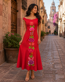 Mexican Red Embroidered Maxi Dress Santa Lucia