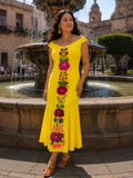 Mexican Yellow Embroidered Maxi Dress Santa Lucia