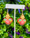 Hand Painted Wooden Sacred Heart Earrings - Cielito Lindo