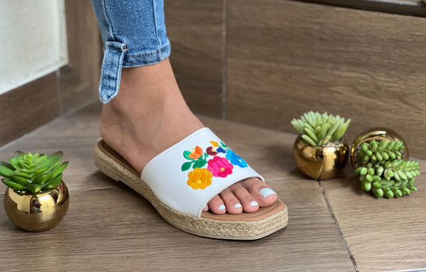 White Leather Embroidered Sandals