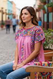 San Antonino Mexican Gala Blouse with Silk Embroidery Pink