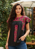 San Antonino Mexican Gala Blouse with Silk Embroidery Black