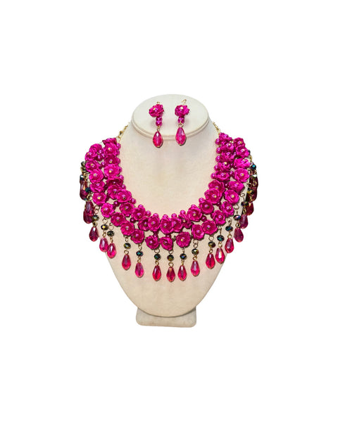 Handmade Ixtle Necklace & Earrings Hot Pink
