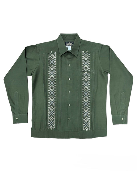 Olive Green Linen Guayabera with Cream Embroidery Long Sleeve