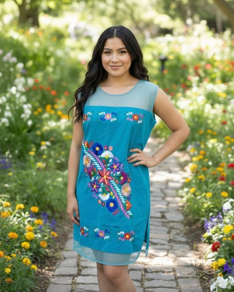 Teresa Embroidered Mexican Dress Teal