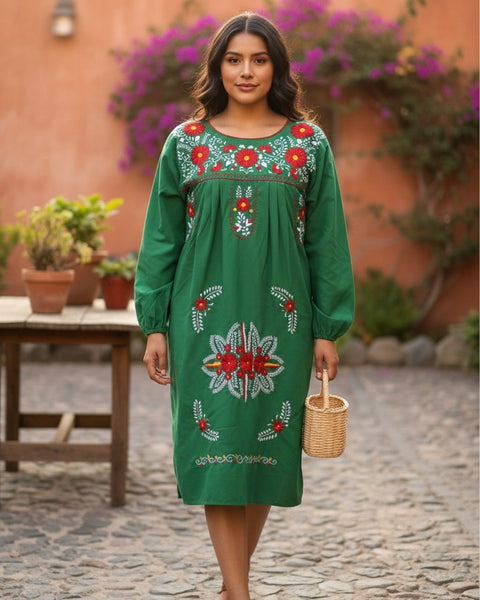 Puebla Green Dress 3/4 sleeve