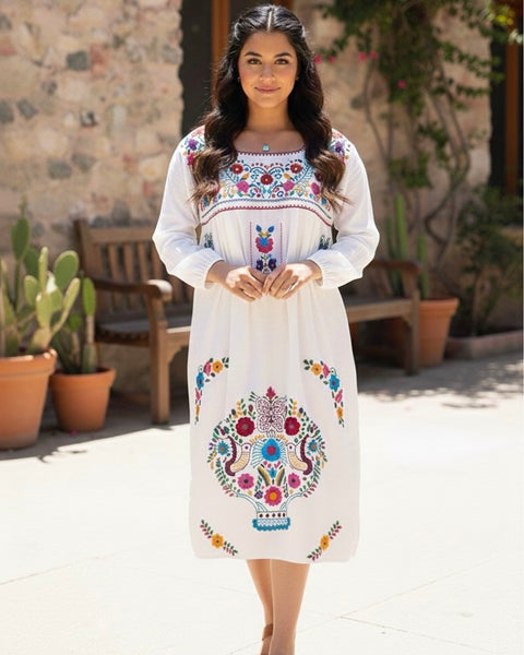embroidered puebla dress 2X Colorful hand embroidered dress, cotton mexican dress, womens sundress, mexican puebla dress, summer dress, beach dress, cruise wear