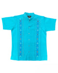 Aqua Linen Guayabera with Multicolor Embroidery Short Sleeve