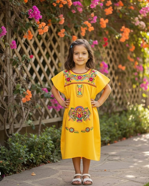 Mexican Puebla Dress for Girls Yellow Cielito Lindo Mexican Puebla Dress for Girls Yellow Cielito Lindo
