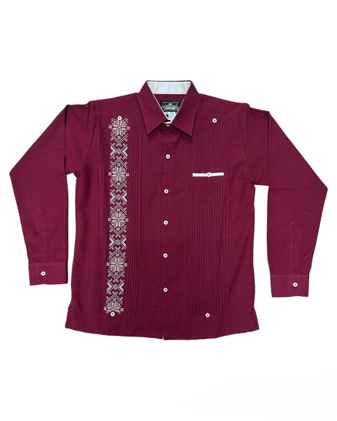 Burgundy Linen Guayabera with Cream Embroidery Long Sleeve