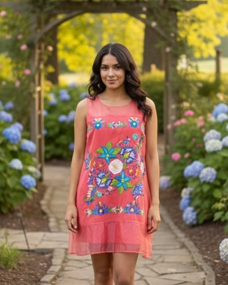 Teresa Embroidered Mexican Dress Coral