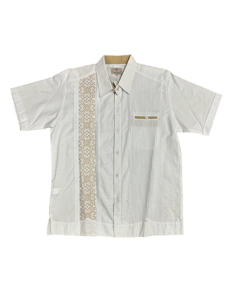 White Linen Guayabera with Cream Embroidery Short Sleeve
