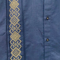 Navy Linen Guayabera for Men with Gold Embroidery - Cielito Lindo