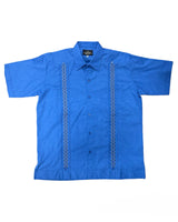 Blue Linen Guayabera with Cream Embroidery Short Sleeve