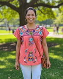 Mexican Tehuacan Full Embroidered Blouse Coral