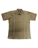 Brown Linen Guayabera with Cream Embroidery Short Sleeve